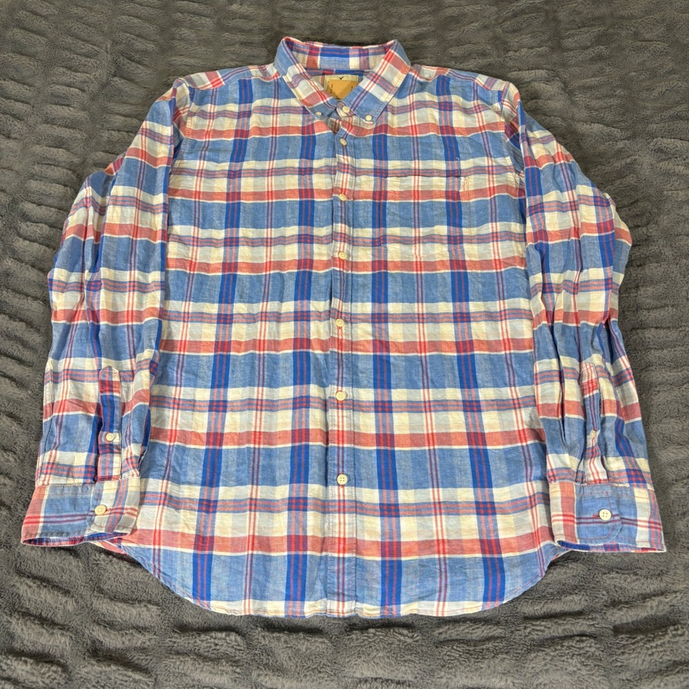 American Eagle Seriously Soft Linen Blend Plaid Shirt Mens XXXL Blue Red AT065